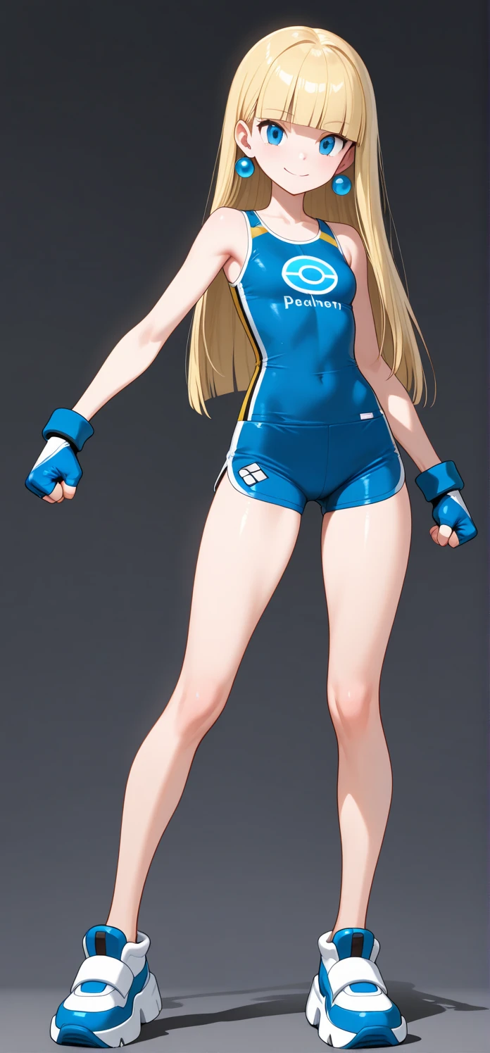 a close up of a girl with long hair and a pair of gloves, black gym pants, big breasts, white sneakers with blue details, highly detailed urban cyberpunk character, anime character reference sheet, female anime character, anime character design, full body concept, anime vtuber full body model, anime full body illustration, twintails white_gloves, female action anime girl, ( ( character concept art ) ), full body concept art, blonde anime girl with long hair