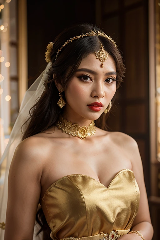 photography, beautiful Indonesian woman, white skinned, wearing a white Sundanese kebaya, wearing jewelry, flawless makeup, red lips, Sundanese traditional house background, blurred background, realistic, 8K, Focus