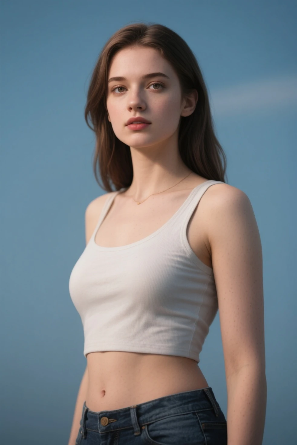 18-year-old, adorable, British girl, 15 years old, portrait ,Tank top((mini skirt))、Thighs Thighs Nose:1.1), , (high color saturation,catch light:1.0), (highly detailed skin), (highest quality:1.0), (Super high resolution:1.0) ,(photo-realistic:1.0), (super detailed:1.0), (8K, RAW photo:1.1),( smile:0.8),looking at the viewer