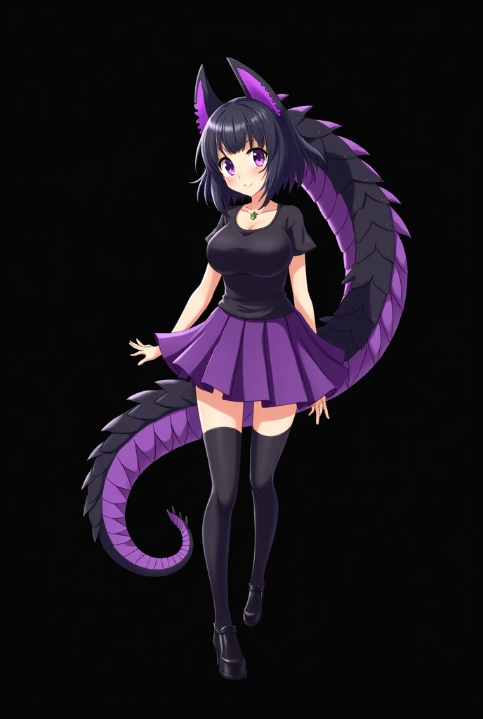 1 adult anime girl, solo, looking at viewer, black tail, strong purple eyes, sitting, big breasts, black dress, 2 very slim dress bands covering breasts, hair hears, long dark brown hair, nsfw, breats semi exposed.