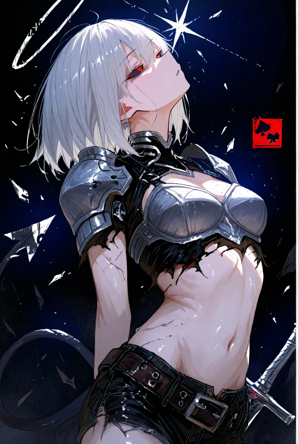 Silver Hair　Short Hair　Black headband　bluish eyes　beautiful girl　nsfw　Goth Pee　Sweaty　Wet　Blank expression, violent movements　Tentaclesから襲わている seventeen　１people　Constraints　身体にTentaclesが巻き付いている　お尻の穴からTentaclesが侵入 脚を開いてしゃがんでいる　Tentacles