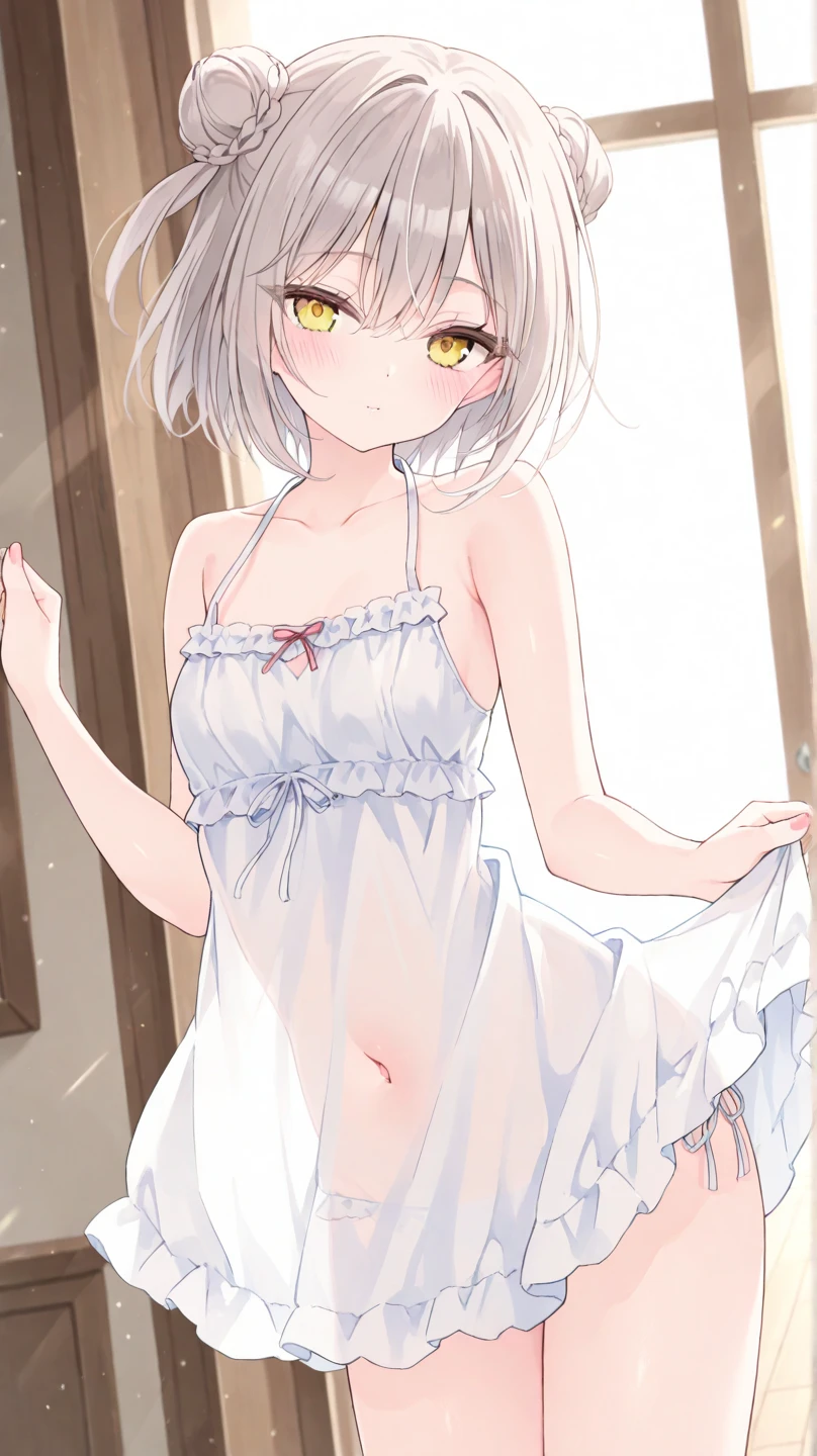 masutepiece, of the highest quality, Super Detail, 8K, Detailed light, Detailed shadows, raw, (Detailed skin), (Real: 1.2),, 1 Nordic girls, Face, (9 years old), White hair, Sleep in a plush bed, see-through night dress, bare nipples, undress, topless, {{{embarrassed}}}