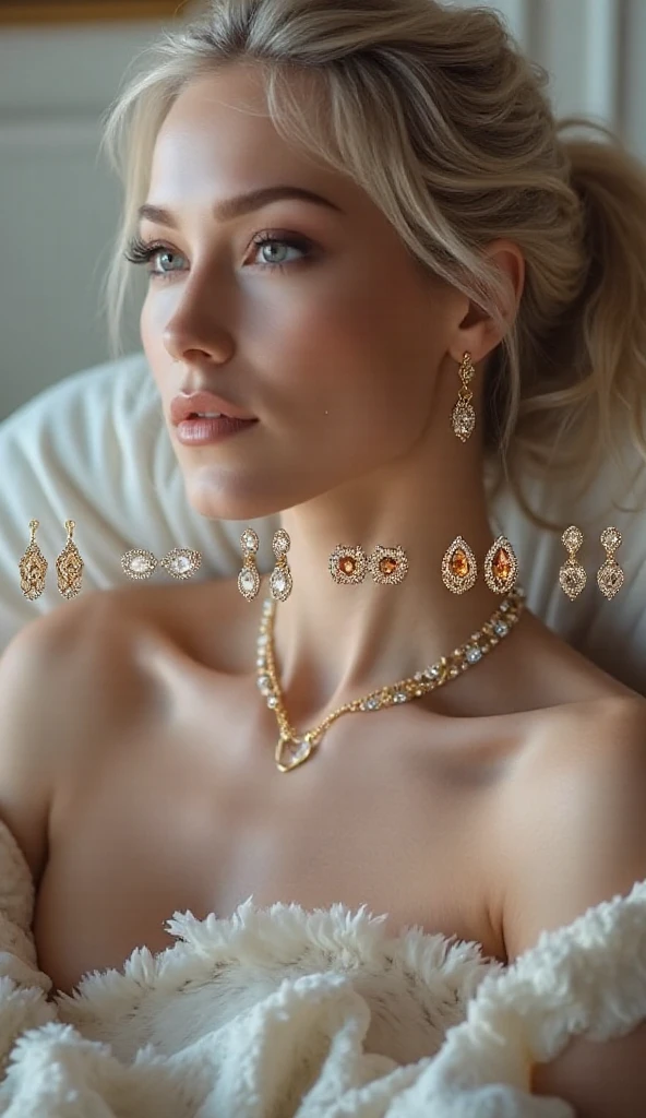 standing, jewelry, orange dress, with a daisy design (insanely detailed, beautiful detailed face, masterpiece, best quality), cleavage, piercing blue eyes, Scarlett Johanson. Wearing large diamond jewlery of various kinds.