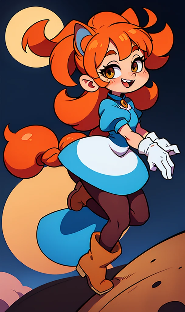 Hyper fluffy blue furred female adult squirrel wearing a cream colored dress, gold stripe on tail