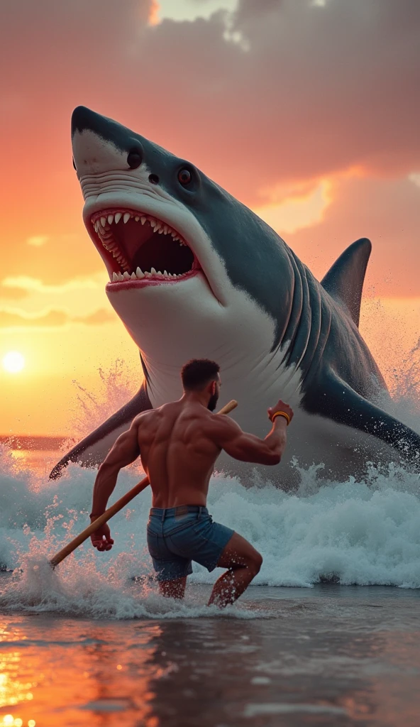 Muscle-bound man catching a giant shark