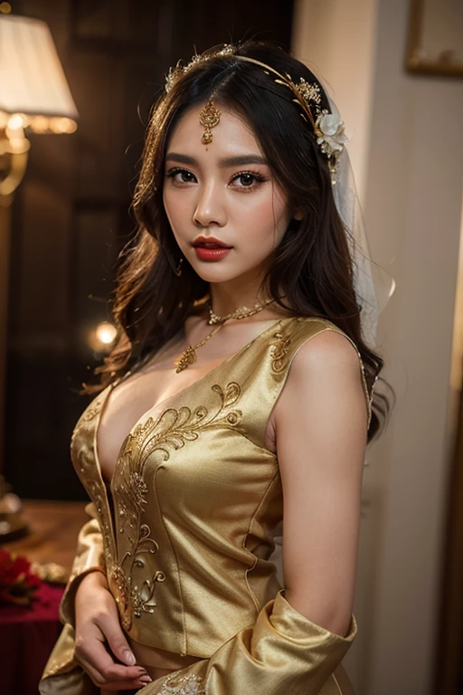 8k, highest quality, ultra details, Ajeng, Javanese beauty, girl, traditional Javanese wedding attire, adorned with gold jewelry, emanating beauty and cultural richness.