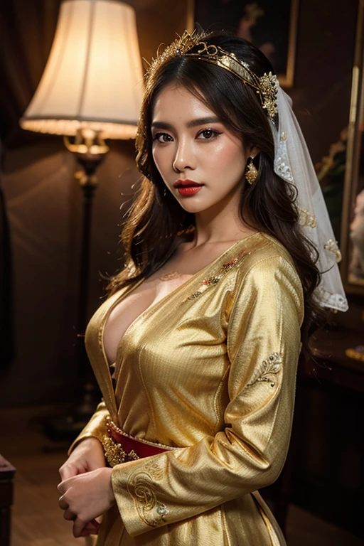 a detailed intricate long white lace cheongsam dress, beautiful detailed eyes, beautiful detailed lips, extremely detailed face and features, long eyelashes, 1girl, masterpiece, 8k, photorealistic, studio lighting, vibrant colors, soft warm lighting, elegant, graceful, ethereal, delicate, refined, off-shoulder, off-shoulder 80%-90%,white gold diamond transparent saree dress, transparent top bra, tiny transparent sexy bra, off bra, Not wearing a bra, no bra, white gold diamond transparent saree skirt, Not wearing a saree skirt, not wearing clothes, Eyes looking at the camera, big beautiful breasts size, ((breasts 40 G cup size)), ((gorgeous 46 inch hips)), fashion photo book pose, abs sexy shape, Big hips like American African women, A stunning beautiful young woman representing Miss Universe, exuding elegance and luxury. Imagine a scene filled with the grace and beauty of traditional Thai culture. Picture stunning Thai women adorned in luxurious, intricately designed Thai dresses, each garment telling a story of craftsmanship and heritage. The delicate fabrics shimmer under the soft glow of lanterns, while the vibrant colors and intricate patterns reflect the artistry of Thailand. These women, with their poised and elegant demeanor, embody the timeless beauty and sophistication of Thai fashion. Capture the essence of luxury and tradition as they pose in exquisite settings, surrounded by the serene beauty of Thailand’s landscapes. woman in a golden dress posing for a picture, sukhothai costume, in style of thawan duchanee, traditional tai costume, gold clothes, tai costume, robes with golden characters, traditional dress, golden robes, wearing ornate silk clothes, traditional clothing, wearing sari, traditional clothes, in style of lam manh, wearing traditional garb