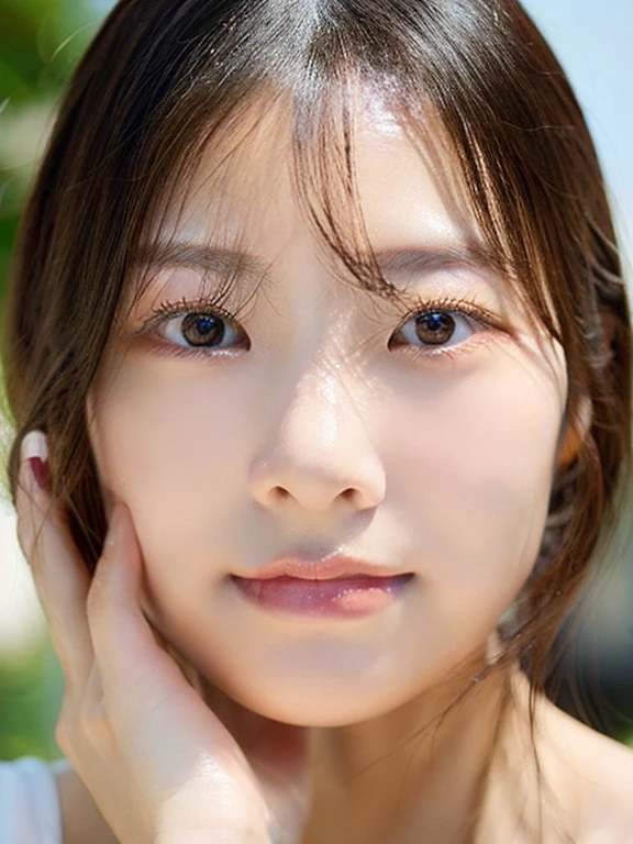 realistic photos of (1 cute Korean star) tied hair, thin makeup, medium breasts, slightly smile, tank top, in the playground, taking selfie from above angle, clear facial features, masterpiece, (high profile: 1 1) natural skin, high quality, NSFW, Beautiful Eyes, (Faces and Detailed Eyes), (Faces: 1 2), Noise, Special, Real Photo, PSD, Light film photography, sharp focus, contrast light, detailed skin, 8k high resolution, crazy detail, realistic, professional photography, 8k UHD, DSLR, Soft Light, High Quality, Film Grain, Fujifilm XT3