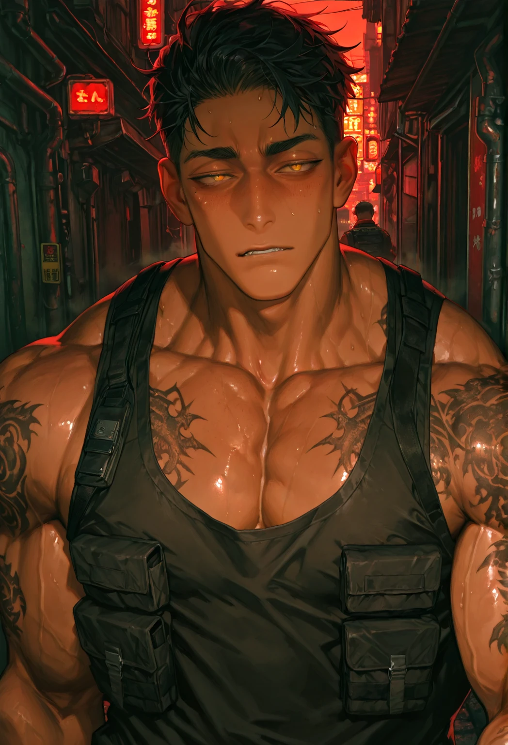 A handsome and strong Japanese yakuza man lies in a dark alley late at night, gaze at the camera，usar kimonos，Cabello rubio corto，Sostiene una katana en su mano derecha，His body is covered in traditional Japanese tattoos，There was dirt and some blood on the body，Aguaceros，Niebla densa, gotas de agua en la piel, empapado por todas partes, Estaba oscuro, It was raining a lot., ((((Alto detalle)))), (Plano completo), (Fotorrealista,fotorrealista,fotorrealista:2), (cuerpos perfectos), (Cara perfecta), (ojo perfecto), peligroso, malo , epopeya, ((((con cara detallada,Estructura corporal correcta,Proporciones corporales correctas))))