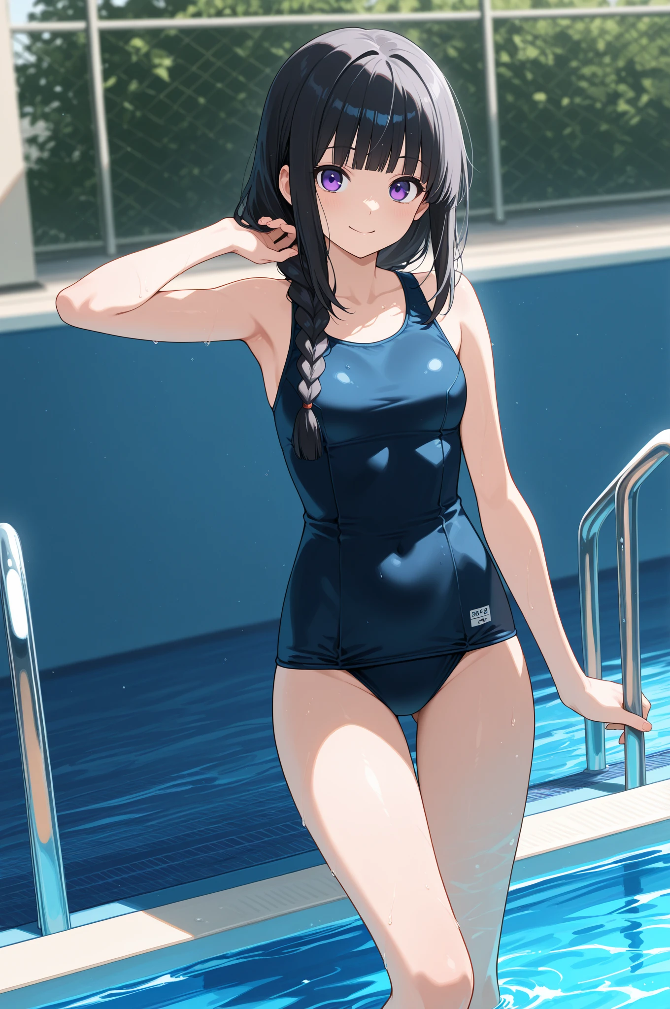 Boy with long blue ponytail hair, Anime boy in black swimsuit, wearing a swimming wear, Swimsuit, Boy with purple long high ponytail hair, Boy with Yellow Eyes, garments:High-cut swimwear, Wet swimsuit, onepiece swimsuit, wearing a swimming wear, Cool anime boy in black tank suit, wearing swimming wear, Tall men, Competitive swimsuit, sparky swimsuit, Full body:: Sunny weather::, Wearing swimwear, highleg, Commission for high resolution, Bare shoulders, bare legs, marin kitagawa fanart,