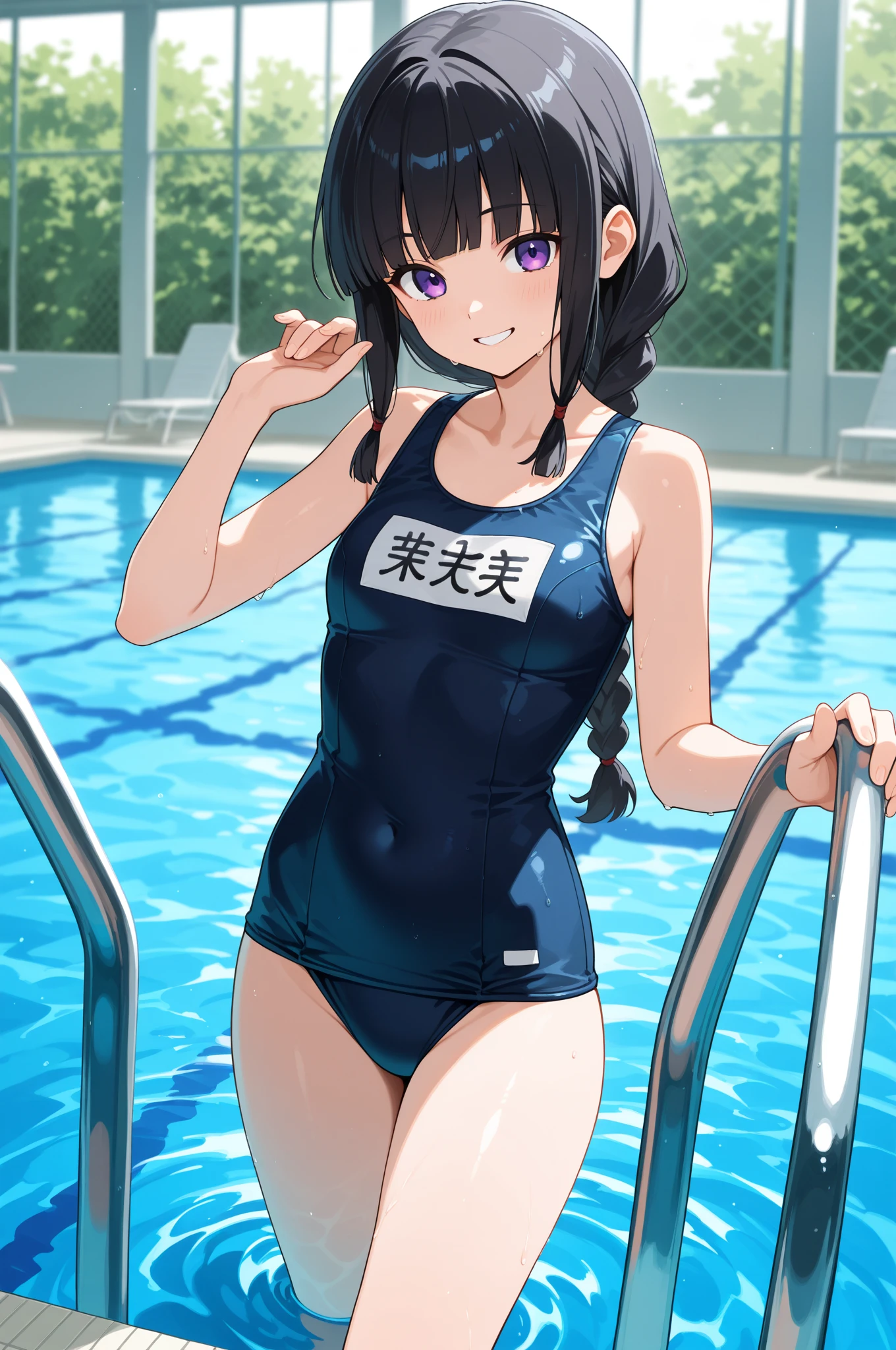 White one piece swimsuit Purple medium length Great style Embarrassed locker room