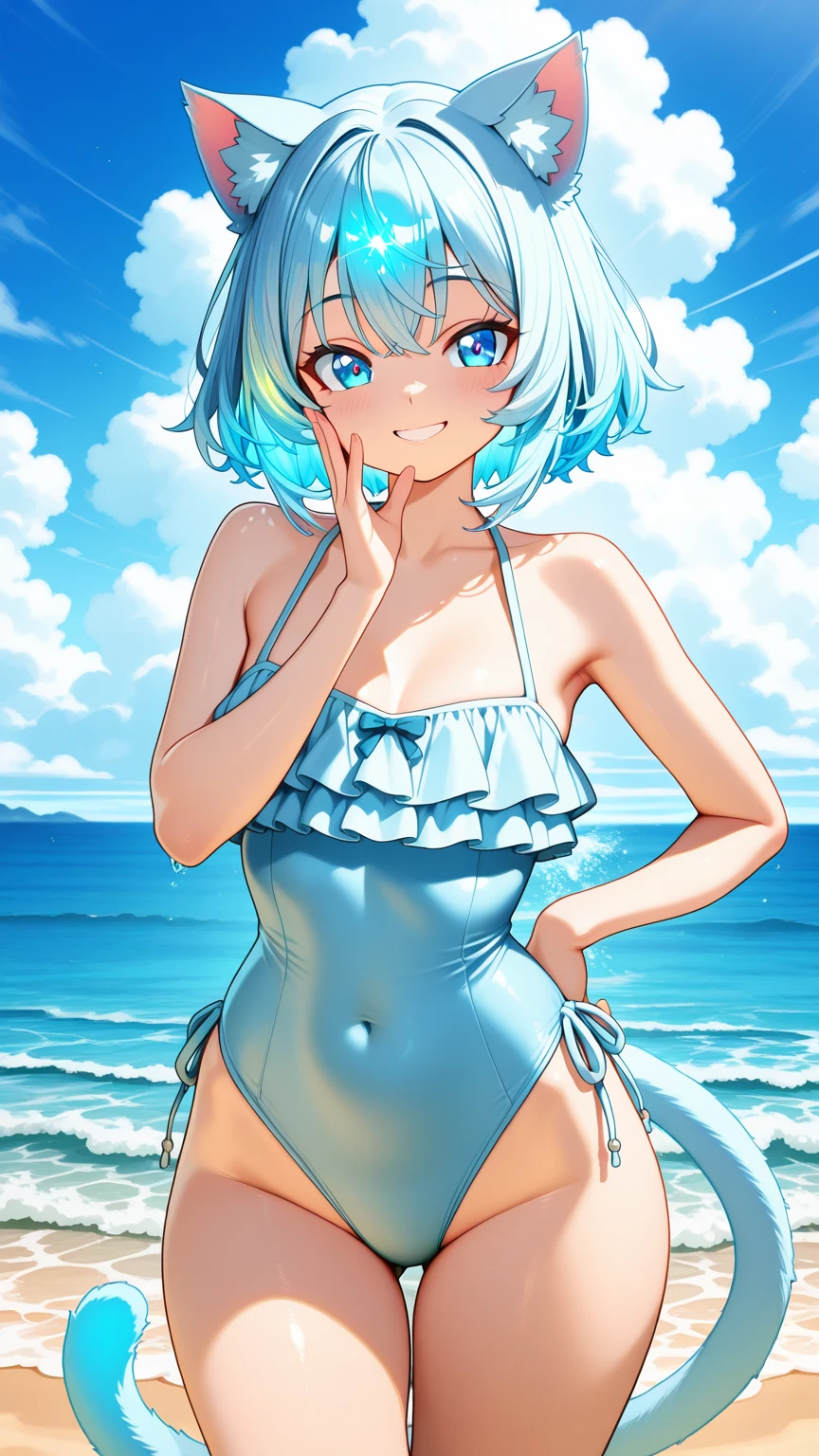 最high quality,very detailed,high quality,Extremely detailed,masterpiece,Super fine,ultra high resolution,超high quality,super delicate face,super realistic,(1 person:1.2)、woman、、light blue hair color、(Cute sky blue eyes)、(short:1.3)、flat chest 、 body shape、(twin drill hair:1.2)、beach, Wave、bikini、Have fun