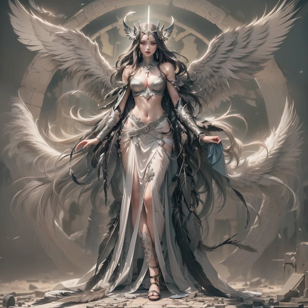 Top quality, masterpiece, ultra high resolution, (photorealistic: 1.4), transcendent beauty, witch, whole body, from above, wings fluttering, legs raised, correct limbs, arms bent and casting, transcendent beauty, magic circle, aristocratic costume, crystal big magic wand, super long hair, demon king's castle, raw photo, 1 girl, silver hair, formal up, shiny skin, dramatic lighting, (smile:1.2)