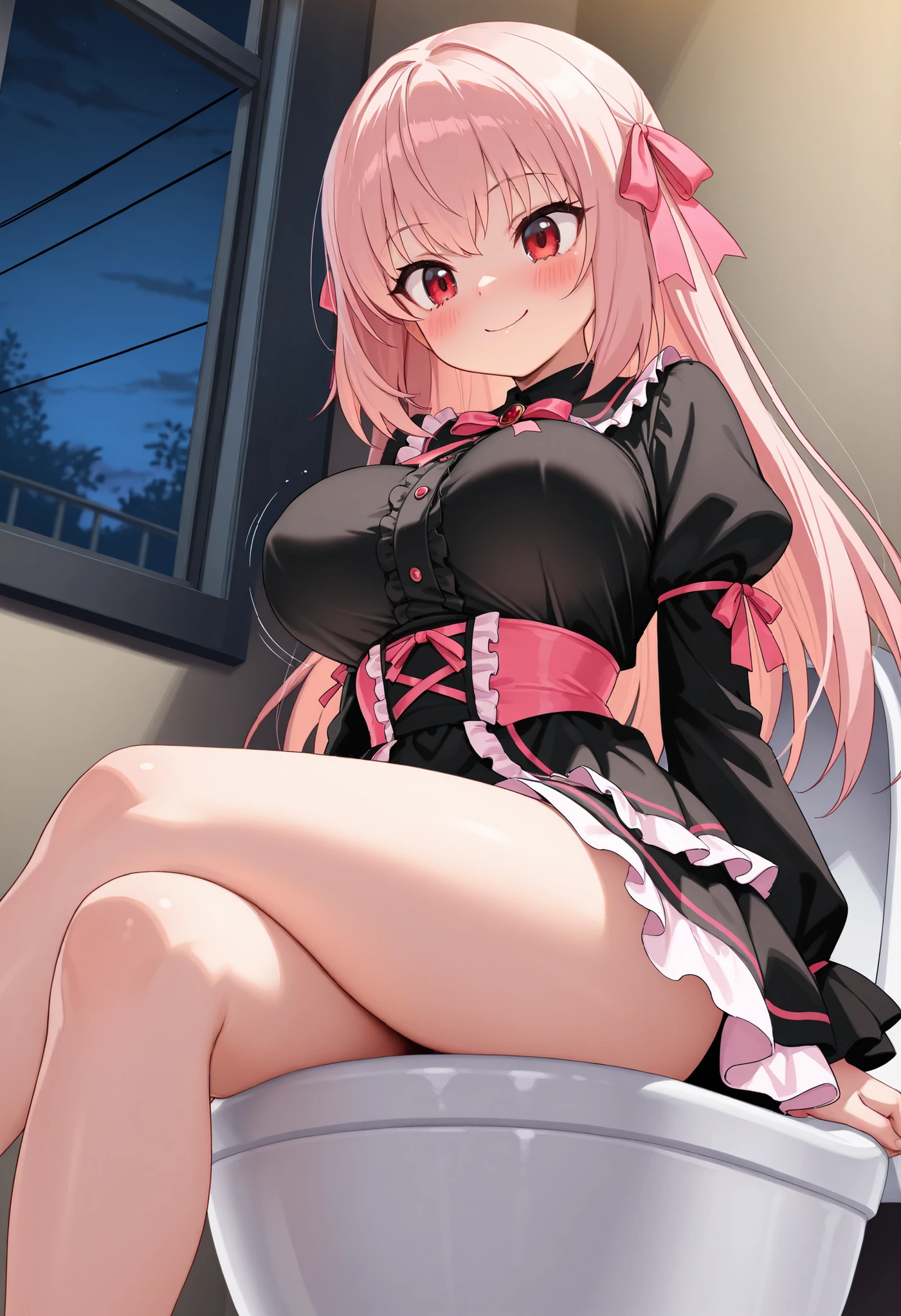 Girl with pink hair, long twin-tail hairstyle, ((small pink bushy eyebrows)), dressed in gothic lolita clothing, lolicon (Zankuro) drawing style by zankuro artist, Zancro style, image uploaded to R34, ((flirty smile)) , in a restaurant , lifting her dress to show her wide, naked hips, underwear in her hands, breasts out ,
