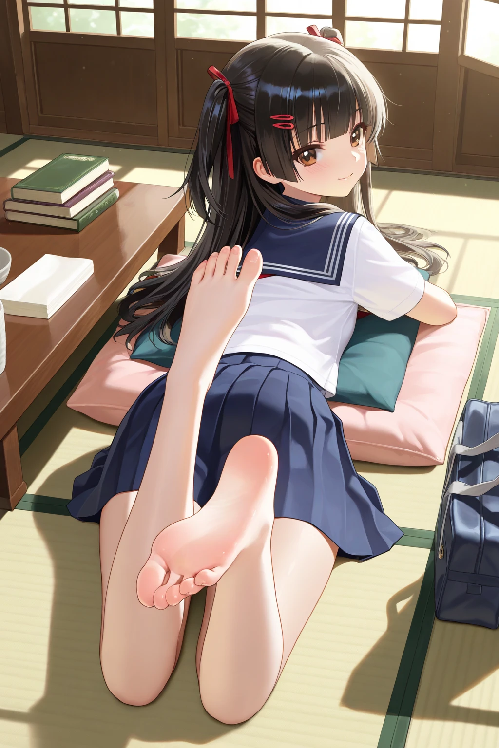 Soles of the feet見せる, sitting on the desk, Soles of the feet, M-shaped legs,white panty, Woman with open legs, Alone, Solo, Hair inhalation, 校服, Cuffed,Shackles, chain s, Glowing face、Open mouth、Impatient face、closed eye,Teary-eyed