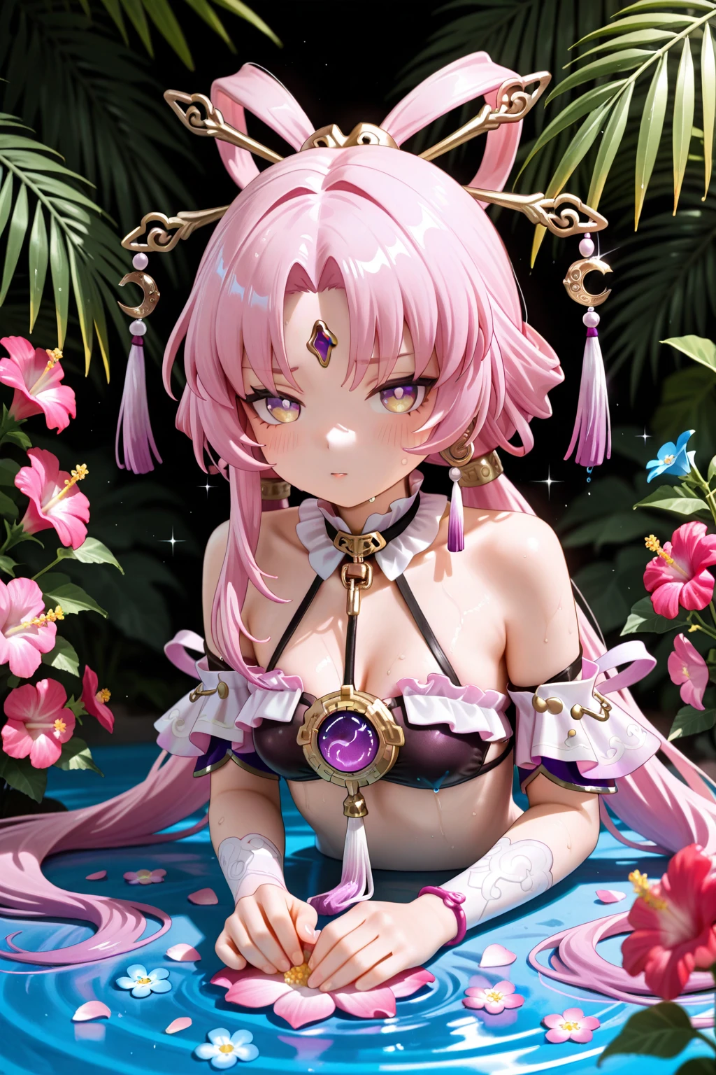 Girl with blue-pink hair and peacock feathers, Inspired by Narihiko-kun, society, 🌺 Anime Style. 8K, Anime Style 3D, Popular with CGstation, 8K high quality detail art, Gubes-style artwork, Fantasy art style, Realistic anime 3D style, Anime inspiration, Anime Style mixed with Fujifilm