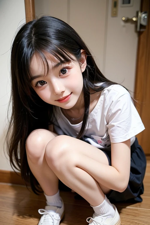 detailed face, cute face,brown eye, master piece , best quality , matured woman face , squatting , short, japanese , room , indoor