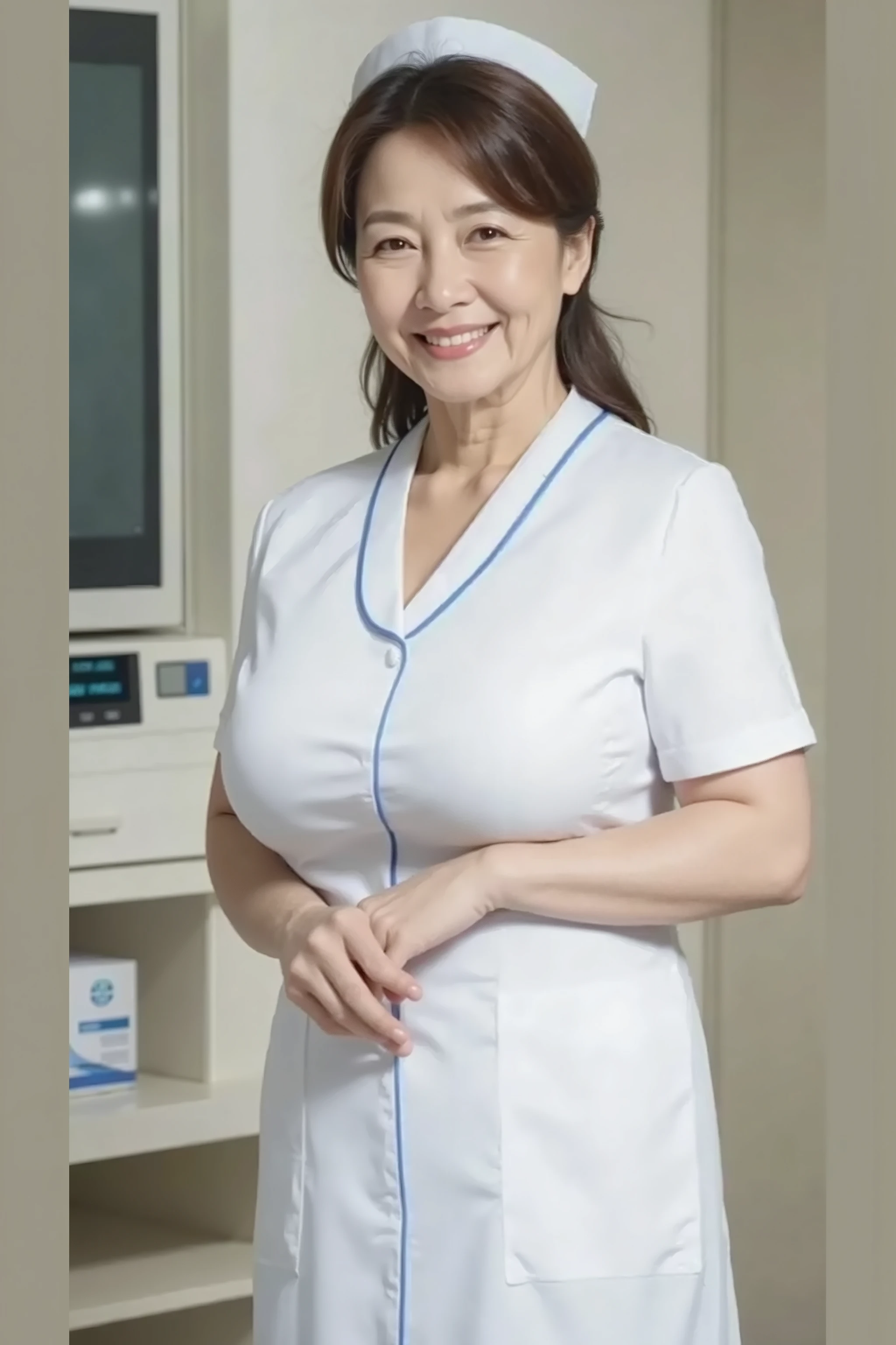 (masterpiece:1.4),(67-year-old woman:1.5),(facial wrinkles 1.2), (hair tied up : 1), A kind smile,maternal, Mature Woman, (dressed as a nurse : 1.2), (white collared Short sleeve uniform of nurse : 1.3), acnes, skin blemishes, fleckles, Nurse's hat, hospital, (thick arms : 1)