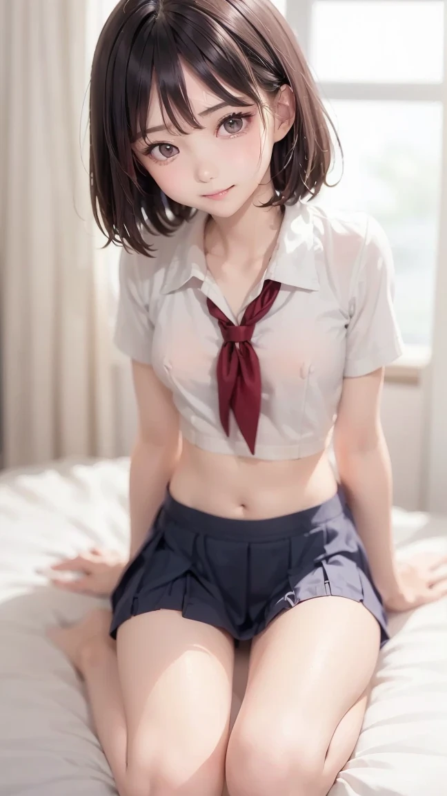 High resolution、High resolution、in 8K、Real Live Action、RAWphotographgraphy、Highest quality、masterpiece、Tabletop、erotic、young、student、White bra,White skin,knees、Detailed Panty Pattern、Panty Focus、White lace panties、absurdes,Small face、part your bangs in the middle、The forehead is visible,(Cold look<Squinting my eyes,Glare,strong,Light anger)、masterpiece,Highest quality、超High resolution,RAWphotograph,only,Beautiful poop,one person, one personで,Dark look,Small breasts,whole body、very nice、JK Uniform,(Realistic:1.37)、Photon Mapping,Light blue ribbon,Realistic、Cute Face,Brown eye、12 years、(Red bow tie)、Physics-based only dulling、prospect、Written boundary depth、Blurred Background、photograph,We、body,Beautiful legs, Long legs, Thin legs,Bobcut,(I can see the bangs), lips, green_eye, Nose Soft,(White shirt with open neck), (Navy Pleated Skirt(Please lift your skirt、White panties are visible), I can see the knees,See-through clothing,Cute Japan、Sparkling eyes、Glossy lips、Dynamic pose,Short white socks、Spread your legs wide、The white socks are clearly visible.