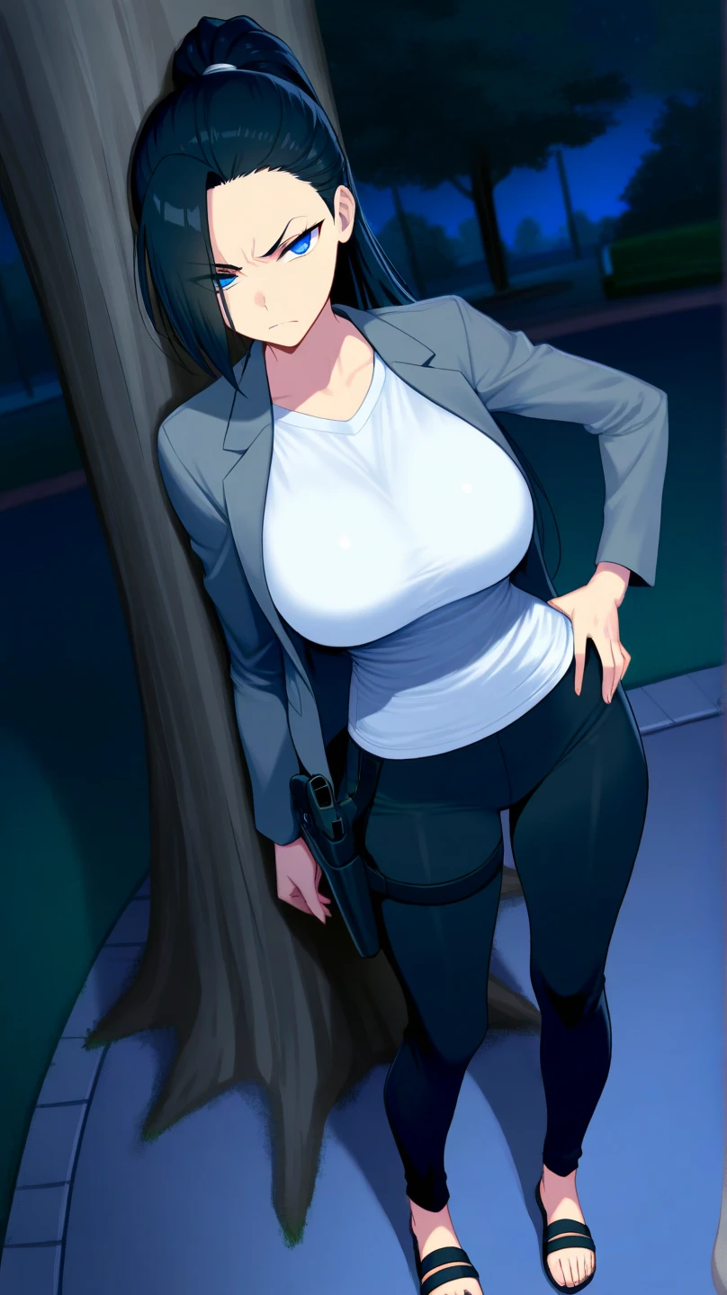 A woman with very long black hair, (very long hair:1.25) and (long bangs:1.5), wearing a stylish wool turtleneck sweater with jeans, long sleeves, (low-rise jeans:1.25), (low-cut jeans:1.25), standing. The artwork is inspired by manga and incorporates a doujin style. The woman appears to be (wetting herself:1.5), which causes her to feel embarrassed and humiliated, resulting in a blush on her face. In addition, there is an air of anger in her expression. The lighting in the scene is moody, with a spotlight highlighting the woman's figure, She has a very large pee stain that covers almost the entire front of her jeans., large breasts, skinny