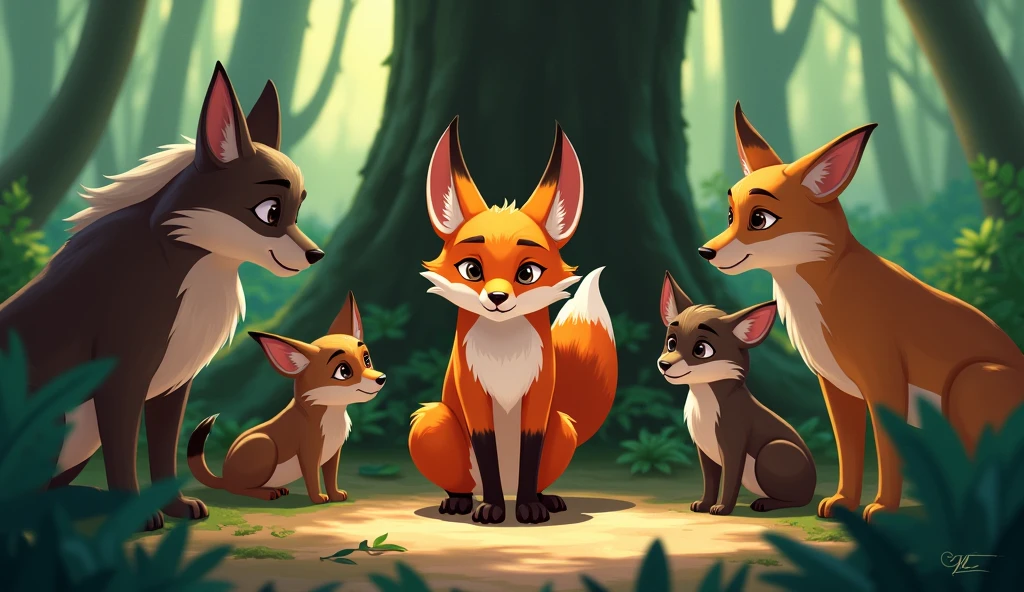 The Jealous Fox, Introduce a sly fox peeking from behind a tree, looking envious of the monkey and buffalo.