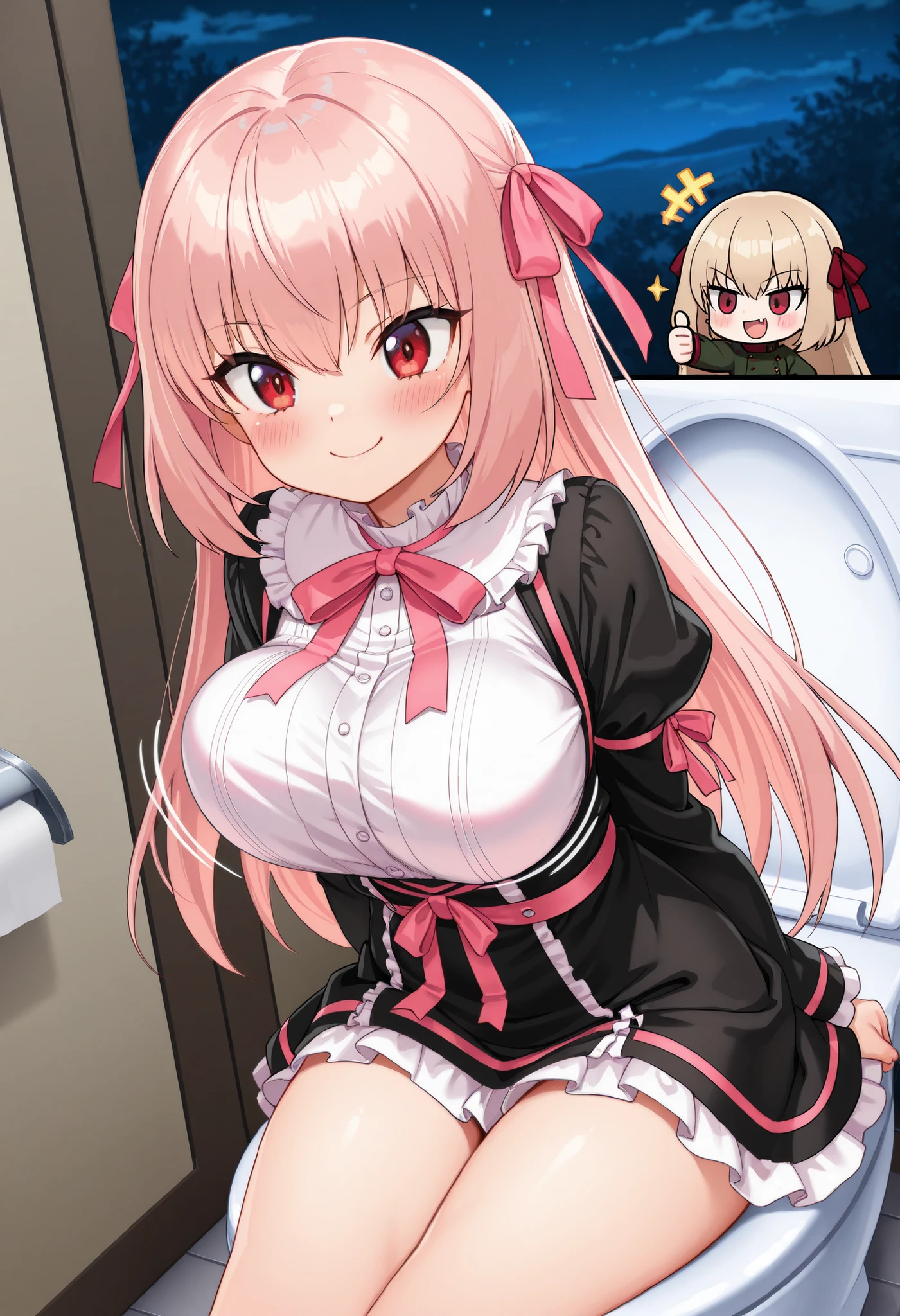 Girls with pink hair, long double-tailed hairstyle, ((small pink bushy eyebrows)), wearing lolita clothing, shorts, marked vagina, lolicon (Zankuro) drawing style by zankuro artist, Zancro style, image uploaded to R34, flirtatious smile, taking a selfie from below, close-up, ((showing the pubes)) in a restaurant ((grabbing her breasts)) having anal sex while the other young woman masturbates her vaginally