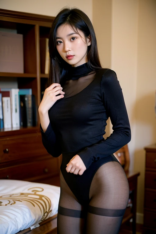 The face is :9,3492120809], The face is :9,4148934626], Bewitching beautiful mature woman、18 years、helm　154cm、well-proportioned figure、The appearance of the hourglass、((Wearing a knitted dress))、(Wearing pantyhose,Realistic pantyhose)、sitting in bed、Japan model, Japan Girl, Neat Japanese woman, Japan goddess, Raw foto, (in 8K、Top  Quality、​masterpiece:1.2)、(delicate detail:1.4)、(Photorealcitic:1.4)、octan render、Complex 3D rendering, Ultra-detail, Studio Soft Light (Studio Soft Light) (Studio Soft Light (Studio Soft Light)) (Studio Soft Light (Studio Soft Light) (Studio Soft Light (Studio Soft Light))) (Studio Soft Light (Studio Soft Light) (Studio Soft Light (Studio Soft Light)) (Studio Soft Light (Studio Soft Light) (Studio Soft Light (Studio Soft Light)))), Rim Light, vibrant details, Super detailing, Realistic Skin Textures, Detail Face, Beautiful detail eyes, Highly detailed CG Unity 16k wallpapers, Makeup-, (detailed background:1.2)、shinny skin、exposed thighs!!!、
