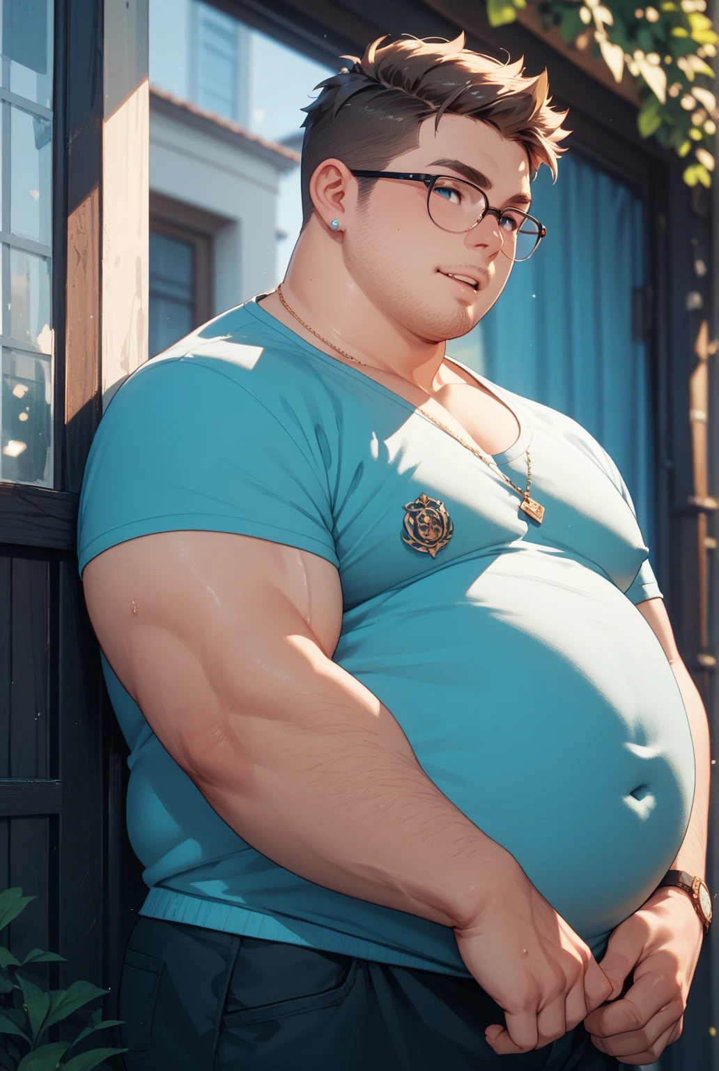 (masutepiece, Best Quality, Ultra-realistic)2 people((A short, small boy)Very large body、Bald、wears sunglasses、Crisp look、Tank Topuscles are visible even through clothes、Bulging crotch、Plump body、sexy pose、White beard、Erotic posture、Body disparity: The crotch is bulging)