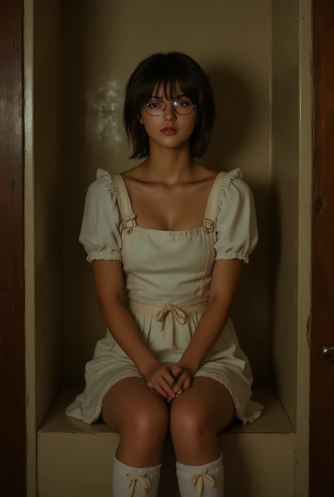 A fairy hidden on a shelf, con un vestido lila cabello rojizo, rizado y largo en 2D 