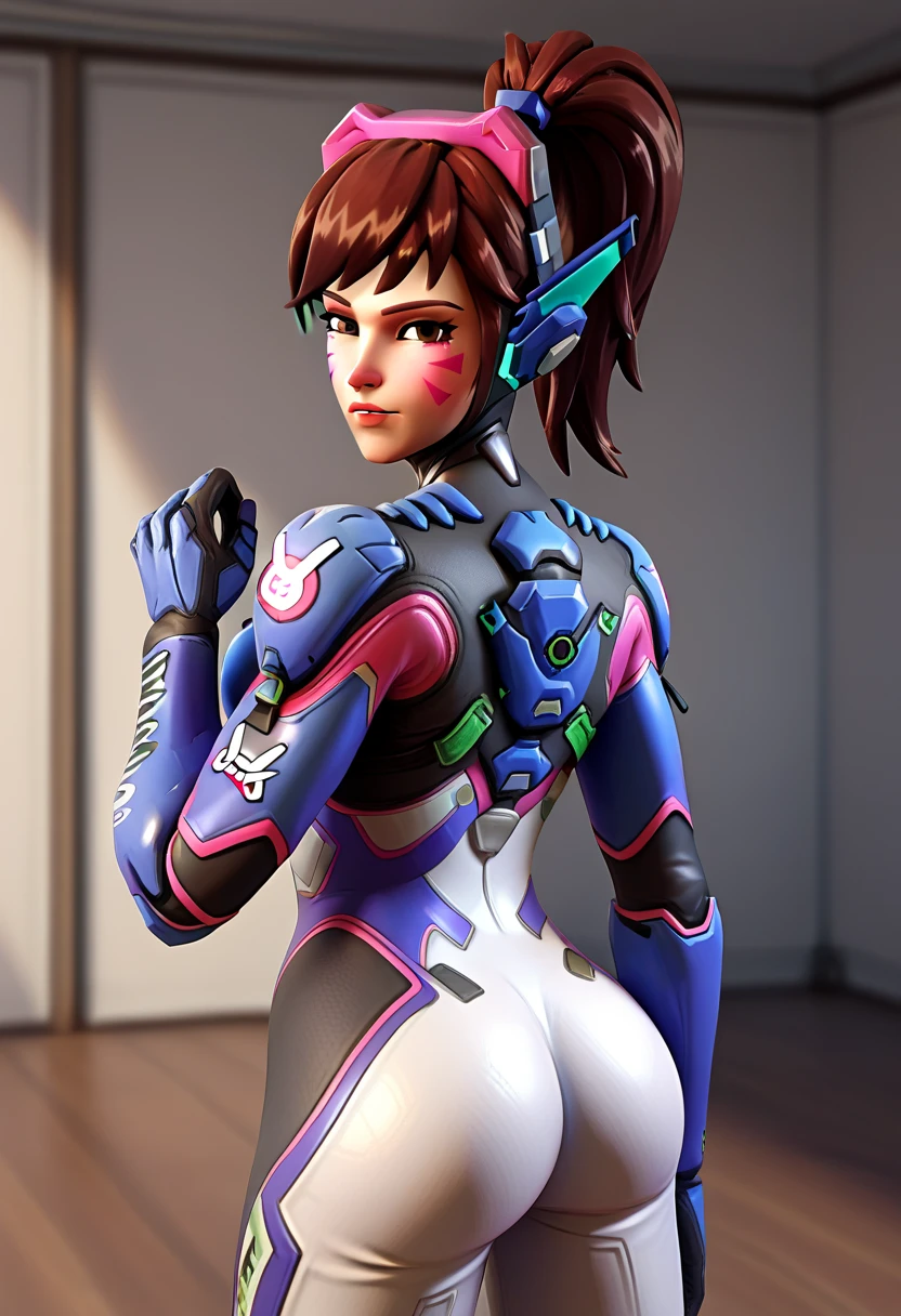 DVA from Overwatch without her mech, a woman with short brown hair in a ponytail,she stands in Busan Korea, high quality refelctions, volumetric lighting, she is wearing her classic thin tight figure hugging stretchy pink white and blue full bodysuit, soft simple plain sport bodysuit, the bodysuits is like a yoga outfit, she stands on the street, (1 girl solo), cinematic lighting, high resolution, physically-based rendering, 8k, volumetric lighting, hyperrealistic, detailed facial features, masterpiece, full upper body, city in background, cinematic,she has very small breasts, flat  breasts  , the focus is on her whole body and the environment, cinematic screenshot, you can see the whole environment and her standing on the street, the picture has a very soft look at soft textures, cute smile, her arms are on her side, DVA is posing and does a peace symbol with her fingers, woman body, no bra, 1 person, 1 head, Overwatch cinematic graphic style