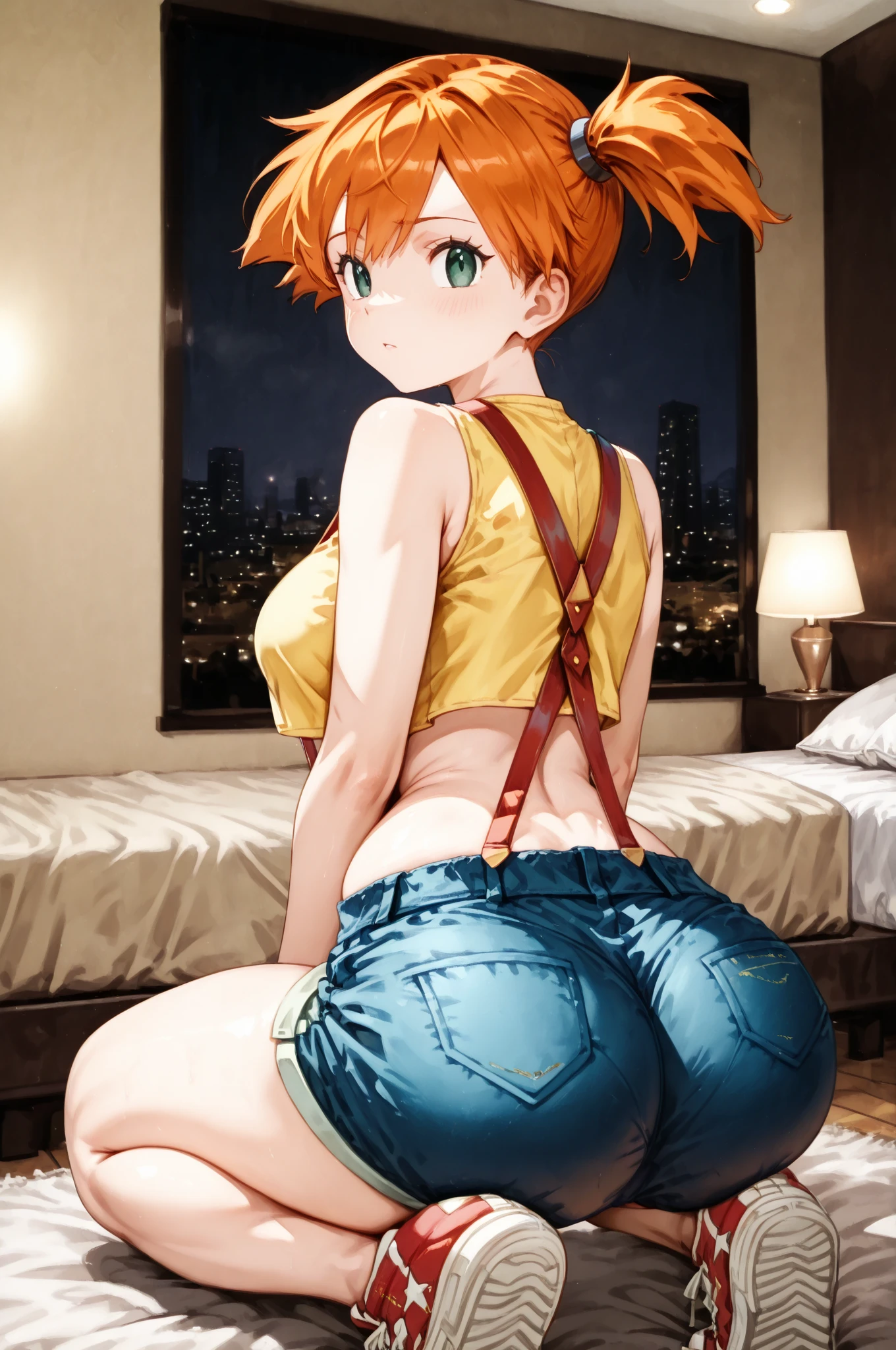 whale tail, head out of frame, jeans, from behind, ribbed shirt underwear, squatting, (spread legs), green shirt, crop top, solo, orange hair, ass, denim, ass focus, 1girl, black panties, large breasts, back, sleeveless