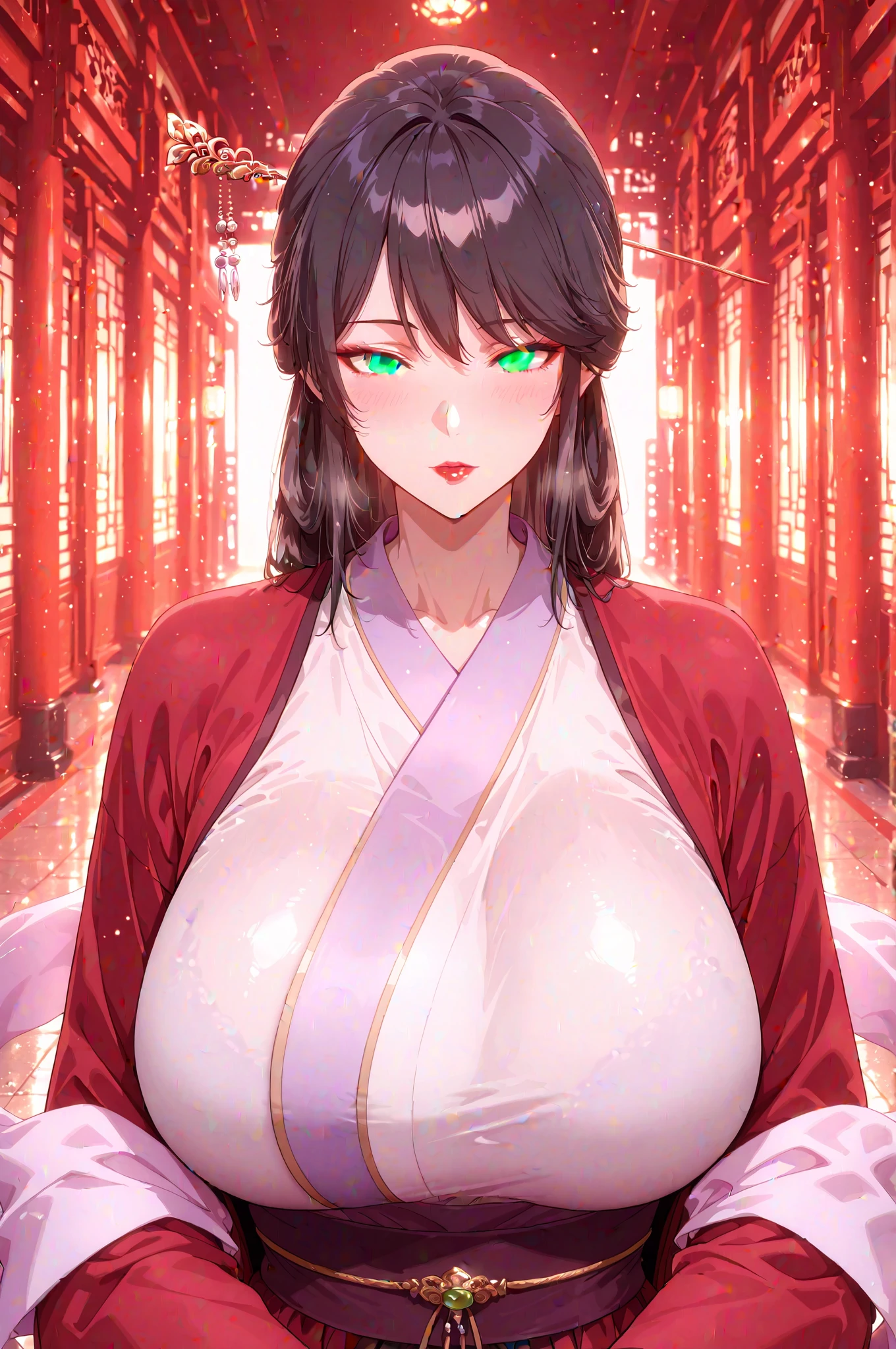 (asura art style:0.7), score_9, score_8_up, score_7_up, score_6_up, uncensored, yor briar, black hair, sidelock, white hairband, red eyes, BREAK (masterpiece:1.2), best quality, high resolution, (detailed eyes:1.3), perfect lighting, (perfect hands, perfect anatomy), large breasts, One beautiful woman, kimono, bare shoulder, obi, Sitting, facing viewer, tori, blossoms, autumn, fog, hand support,
