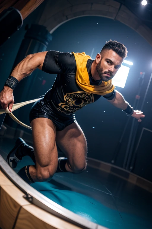 A yellow-skinned man, Swimming instructor, Dirty white socks and beard,Detailed muscles