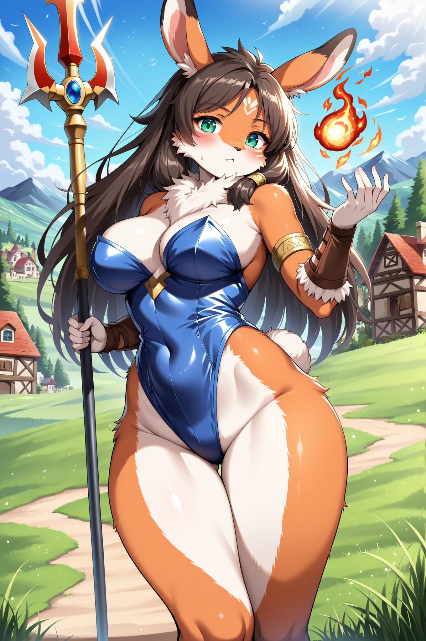 (Masterpiece: 1.5), (Best Quality: 1.5), Perfect Eyes, Perfect Face, Volumetric Lighting, 1 Woman, Mature Woman, (Whiteness: 5), Fox ears, Fox tail, green eyes, dark brown hair, massive breasts, massive cleavage, thick thighs, wide hips, sexy, full body, seductive smiling, sport bra, height leg thong, thighs highs,