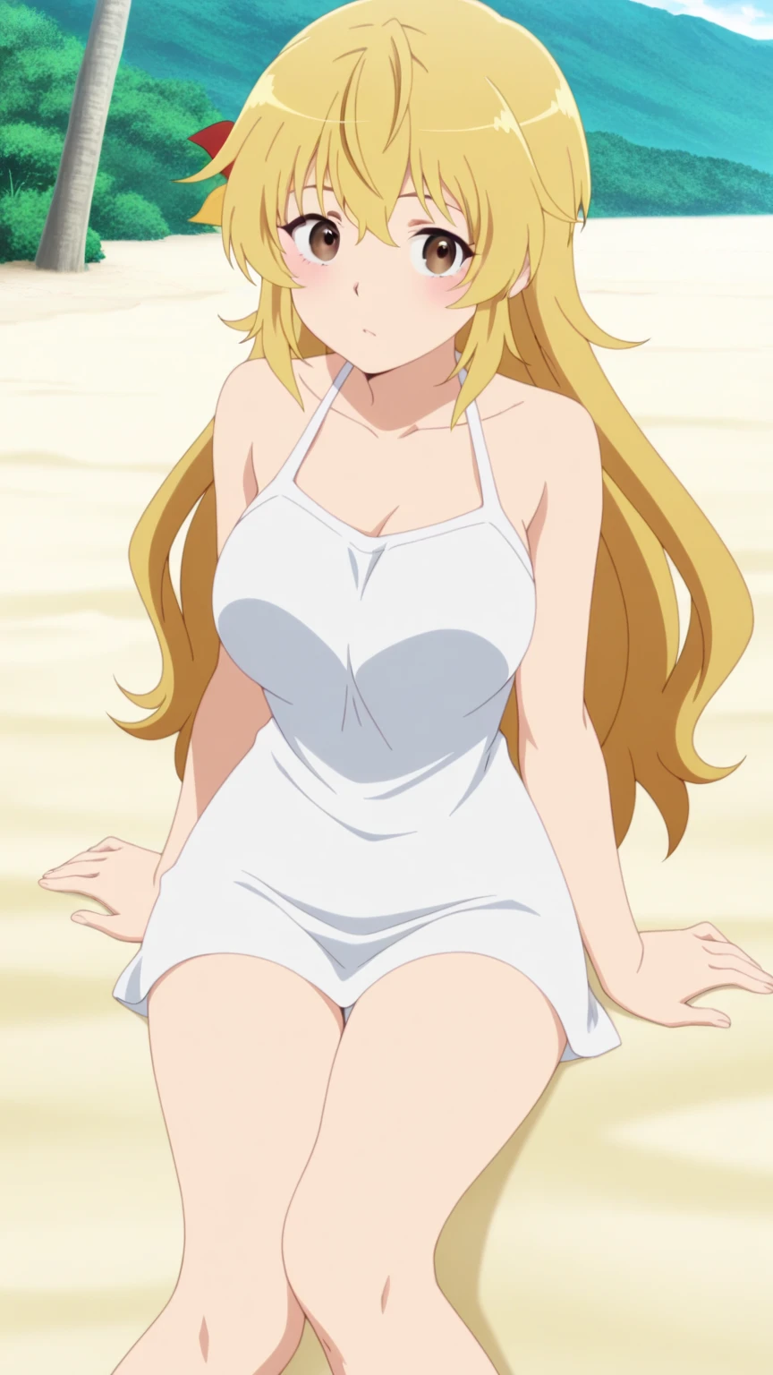 (anime cels style, Masterpiece, best quality, high resolution, anime colored, megami magazine:1.2, anime poster style, anime keyvisual, sharp, 8k, photorealistic), (beautiful eyes:1.5), reiko_aiwaifu, 1girl, cute, blond hair, long hair, sagging huge breast, (beautiful nude), (Towel over breasts:1.5), (cowboy shot, sitting), (perfect detailed anatomy, perfect arms, perfect fingers, beautiful face, perfect body, shiny skin), onsen,