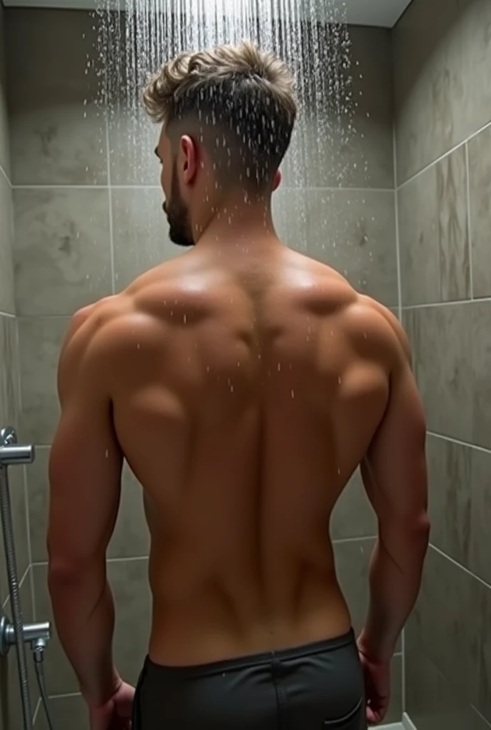 White man, muscular, showering has a big penis