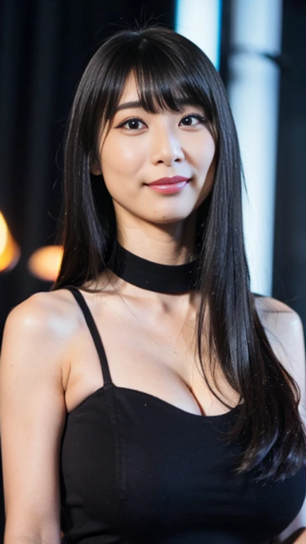 1girl, masterpiece, (extremely intricate:1.2), woman, ultra detailed, finely detailed face, extremely detailed face, black_hair, sexy, curvy hair, black medium hair, large breast, high quality, best quality, realistic, ultra realistic, photorealistic, beautiful delicate eyes, highest quality, highres, Raw Photo, 8k, detailed eyes, highest resolution, (exquisitely detailed skin), light smile, calm lighting, perfectly drawn eyes, sexy pose, ((deep dark, night, dark theme:1.1)), depth of field,(((in a terrace, standing, sexy dress, large breasts, cleavage))), large breasts, lusty smile,