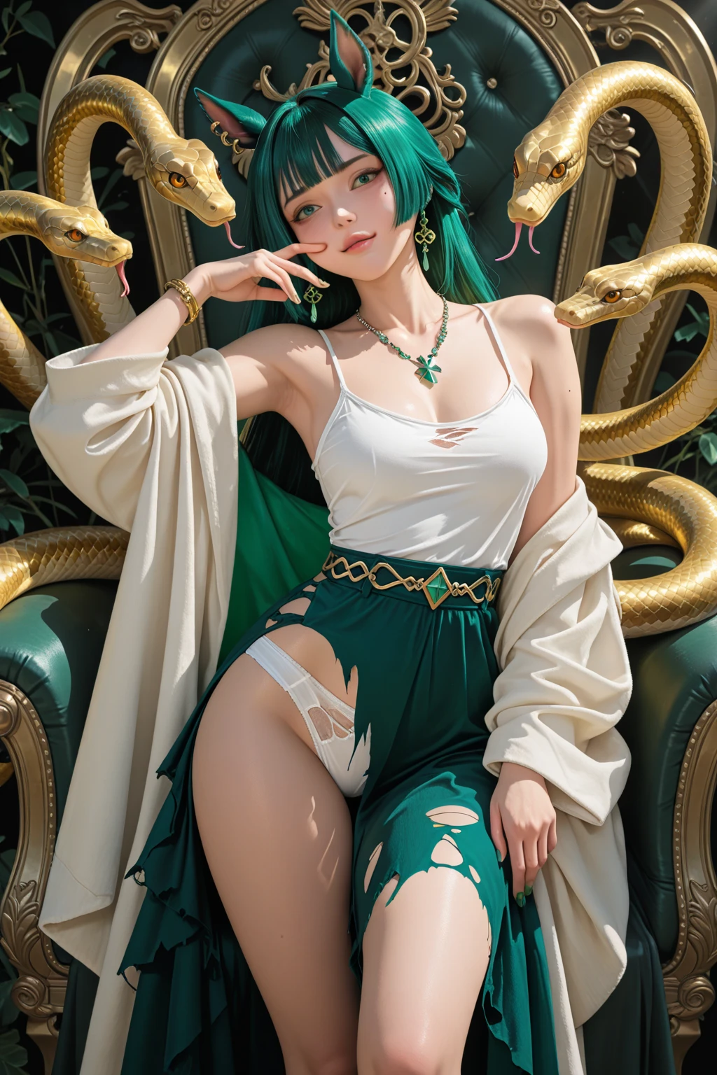Woman body set big breasts，Green Sailor Moon sailor suit，Green-colored hair，High ponytail，White stockings，Wet with sweat，beauitful face，Collar with chain，cat ear decorations，a cat tail，high-heels，Expose the armpits