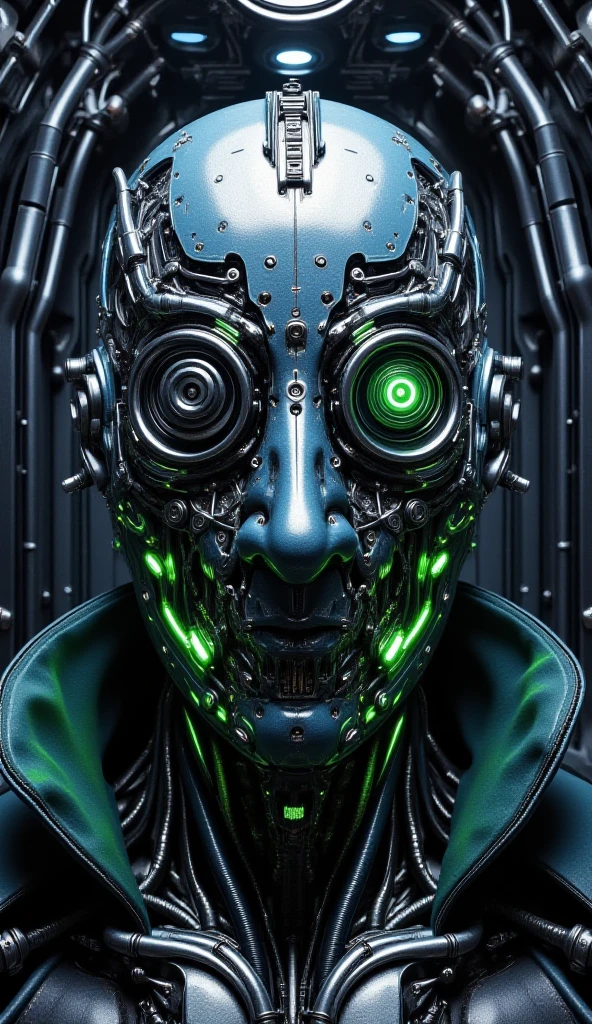 Hyperrealistic art zavy-cbrpnk, faceplate . Extremely high-resolution details, photographic, realism pushed to extreme, fine texture, incredibly lifelike. 1 mechanical boy, male, short hair, short haircut, blonde hair, green eyes, blonde, (watching the camera:1.5), (24 age) ((ultra realistic details)), global illumination, shadows, octane render, 8k, ultra sharp,metal, intricate, ornaments detailed, highly intricate details, realistic light, glowing eyes, facing camera, neon details, machanical limbs, blood vessels connected to tubes ,mechanical cervical attaching to neck, wires and cables connecting to head, mechanical green arms outstretched