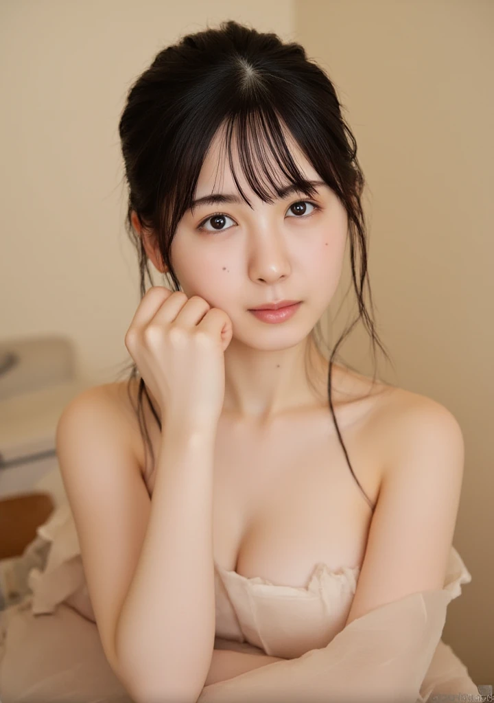 (masterpiece, Highest quality:1.4), Award-winning full-body photography, 8k, 85mm, alone, Beautiful Face,14 Talents、 Cute Necklace、Great style、Cute face like a Japanese idol、Delicate woman, Sexy Underwear、Baby Face、Beautiful Eyes、Beautiful clavicle、(((Topless)))、Cute hairstyle、Shapely breasts、Smiling Kindly、Blushing and embarrassed