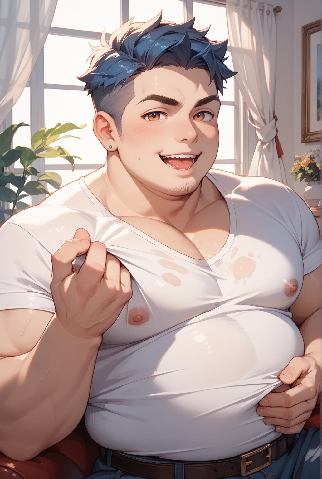 ((androgynous)), beautiful, (very short hair), (pudgy face), nipples, (belly button), ((boyish)), (cute), (chubby), belly, (sexly), (thick), (beefy), (Nude), (handsome), muscular, (jockstrap), ((shaved sides)), (Lively), (Canine teeth visible)