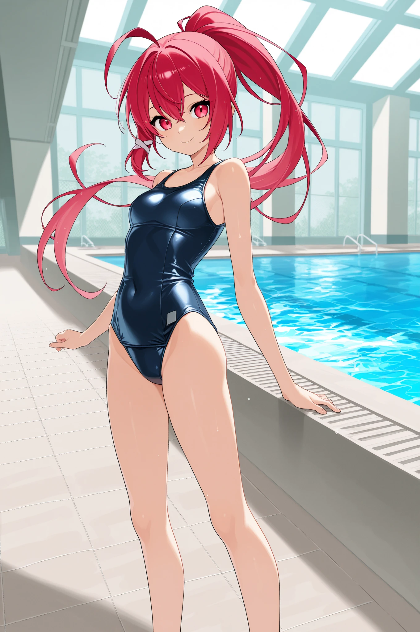 masterpiece, best quality, insanely detailed, beautiful, nino nakano, one-piece swimsuit, breasts, pantyhose, blush, smile, (outdoor swimming pool:1.3), legs spread