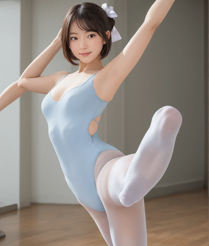 The only 18 year old beautiful ballerina、NSFW、Super detailed、High resolution、transcendental beauty　highest quality、masterpiece、please wear tights、Majimix Real、(RAW photo:1.2)、(Photoreal:1.4)、beauty in the details、and delicate expression、In the ballet classroom、(Ripped ballerina uniform、I can see your nipples:1.5)、Ballet Costumes、Short ponytail hair、((you can see me))(squat)、eyelash、sparkling eyes、glossy lips、beautiful and detailed eyes、((Japanese beautiful girl))、very detailed expression、highly detailed face、movie lighting、positive、((dynamic pose))、((open stance))、(Ballet Costumesの前が破れています、I can see your pussy:1.8), ballerina costume、(Accurately represents the shape of the female genitals:1.5), (Detailed depiction of the labia minora, vaginal opening, Detailed depiction of the clitoris:1.5), (Open your legs wide and raise one leg:1.8)、(Ballet dance with legs up high:1.6)、thin legs、(Open your mouth wide and see your tongue:1.7)、panting with sexual pleasure、(feel the climax of ecstasy:1.6)、open your mouth wide and scream、shame、Cheeks flushed slightly、Heartbreaking cry、angle from below