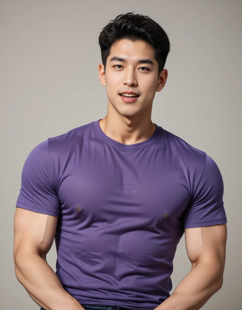 Firefighter in his 20s，Korean, with short black hair， Wear purple training clothes、shirtless, purple short pants, High-res, tmasterpiece, best qualtiy, Head:1.3,((Hasselblad photograp)), Fine fine skin, Clear focus, (Cinematic lighting), during night, Gentle lighting, dynamic angle, [:(Detailed face:1.2):0.2],(((Exercise))), sport, The arm muscles are somewhat medium, Hands in the crotch. Sexy, chest hair, body hair, pube hair, facial hair, erected, big bulge, huge bulge, big crotch