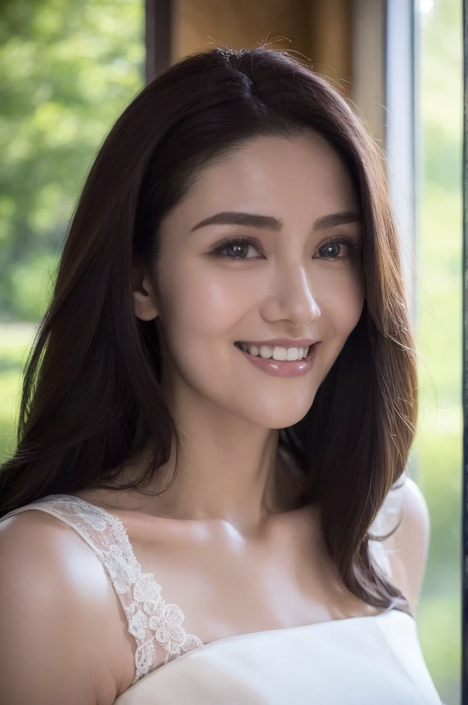 a Close-up portrait of gorgeous smiling cute Japanese woman in a ?????? outfit, delicate facial features, porcelain-skinned, ponytail, a fusion of young Marion Cotillard's striking eyes and young Anne Hathaway's introspective gaze, long and slender cute face, Asian winged eyes, wavy nose, full wide lips, flowing very long straight black hair in the air, silhouette, bokeh,