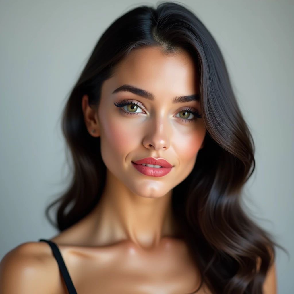 Create a portrait of a young woman with light to medium skin and long, wavy dark brown or black hair. She has a more European facial structure with a slightly angular jawline, a straight nose, and expressive eyes. The woman is wearing a light denim jacket over a light-colored top with a V-shaped neckline. Her makeup is soft, with natural tones, and she has a light red lipstick. The background is a neutral indoor setting, with soft lighting focused on her face.