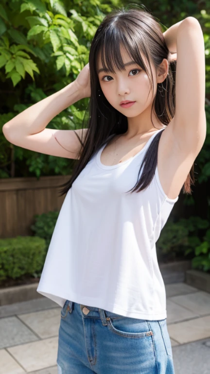 neat college girl, petite person, (long white camisole, white panties), outside the athletic field, (slim, small, flat, small), photorealistic, detail, skin texture, ultra detail, delicate and sexy collarbone, troubled look, super detailed face, detailed lips, detailed eyes, double eyelids, all fours, sexy pose, troubled look, Wet