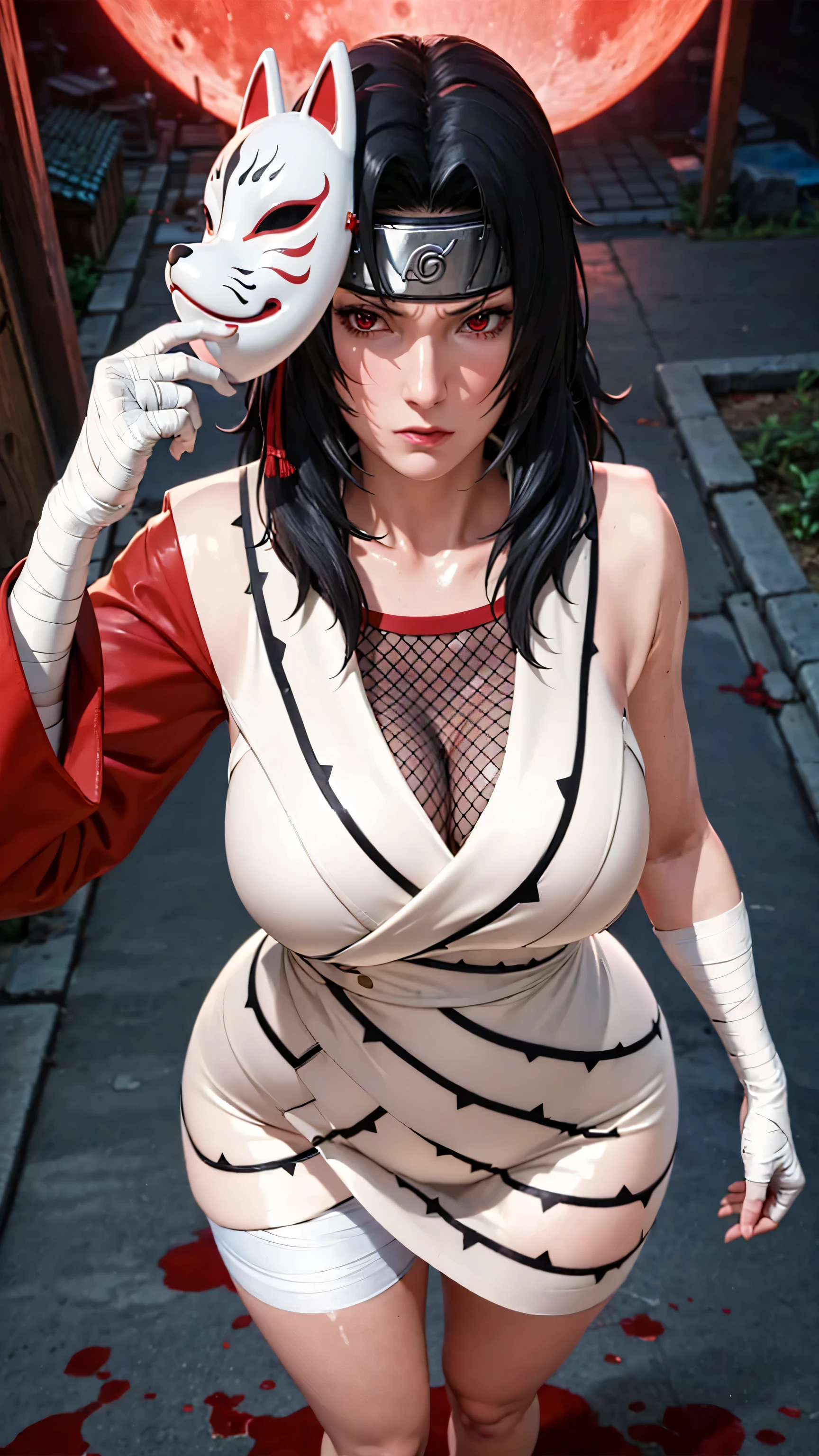 (((Perfect figure,figure,forehead protector,bandaged hand,konohagakure symbol,fishnets,Red single sleeve,White striped clothes,(((Kurenai Yuhi, black hair, red eyes, long hair,makeup,red eyes,lipstick,)))型figure:1.7))),((masterpiece)),high resolution, ((Best quality at best)),masterpiece,quality,Best quality,((( Exquisite facial features,looking at the audience,There is light in the eyes,Happy,lol))),(((Interlacing of light and shadow,huge boobs))),Big Breasts,(((looking into camera,black background,looking at viewer
standing
from above)))