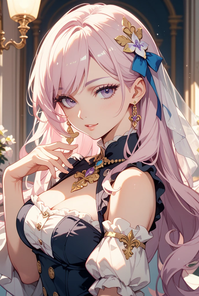 ((highest quality)),(ultra high resolution),(Super detailed),(detailed description),((best CG)),(best work of art),super precision art,amazing drawing art,(Fashion art with precise details:1.5), (adult women:1.6),(beautiful and well-shaped face:1.5),(I smile at you while resting my chin on my back:1.7),(mysterious iris:1.6),(Semi-long straight with precise and detailed description:1.6),(light pink blouse:1.7),earrings, Antique table:1.4,beautiful design vase