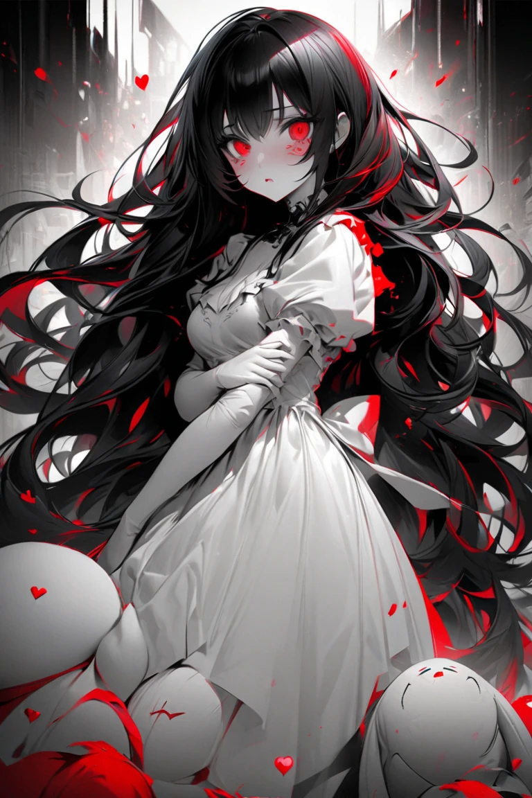 Two women，One red hair and one black hair，A white dress and a red dress，skirt，((Solid red background))